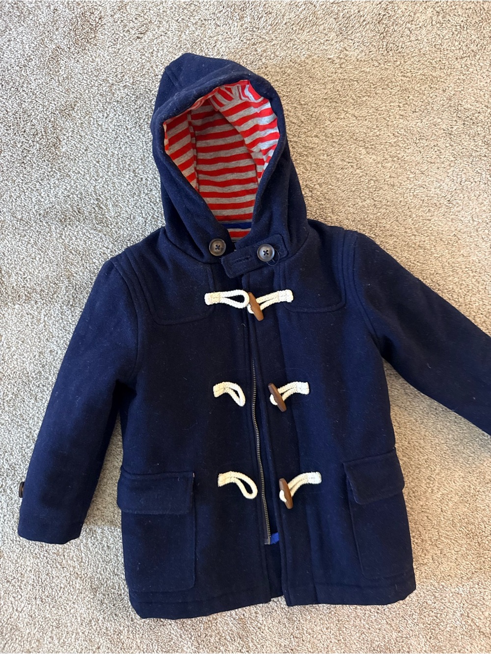 Mini Boden Navy Wool Duffle Coat with Stripe Lining